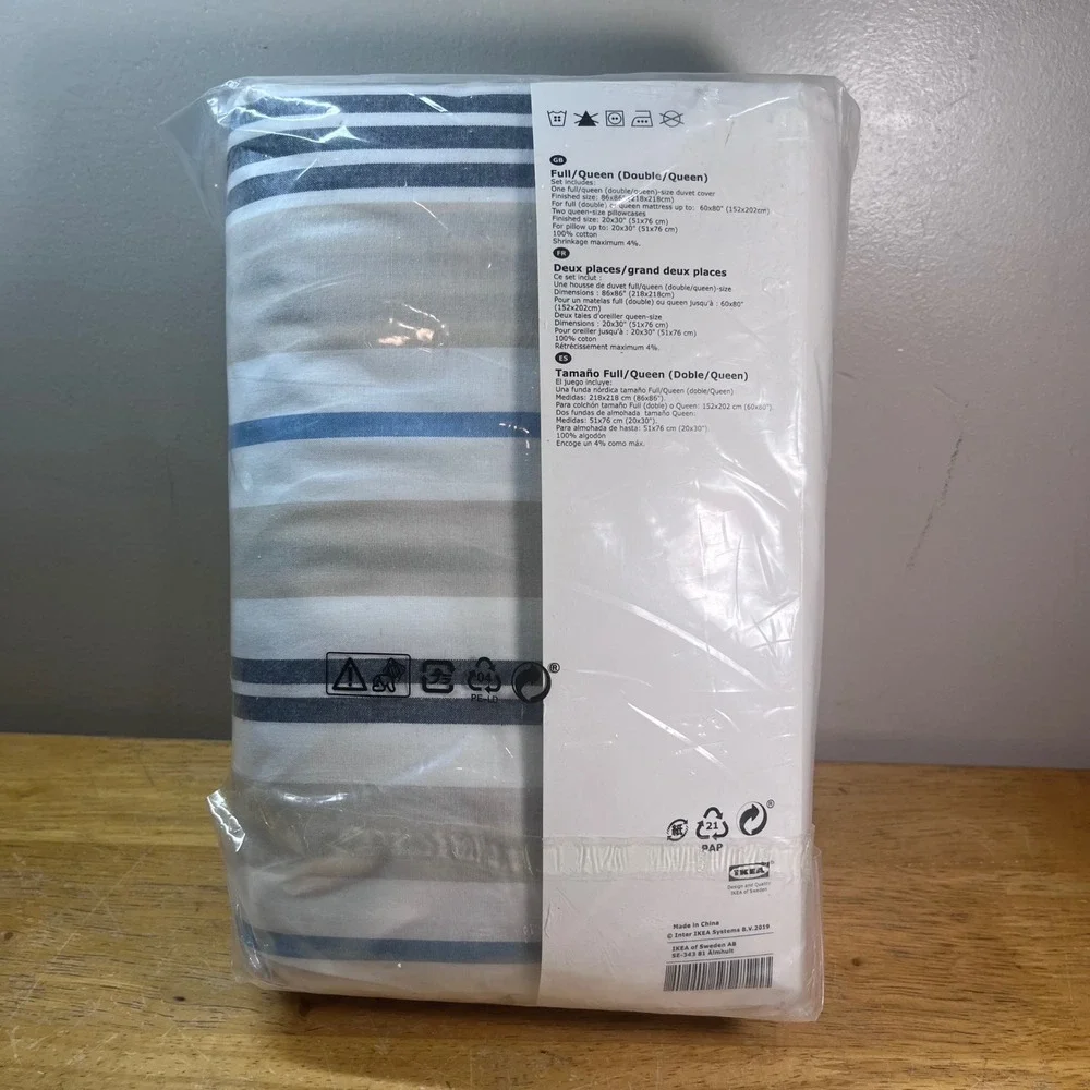 IKEA Smalstakra Duvet Cover Set Full Queen Blue Beige White Striped 004.435.02